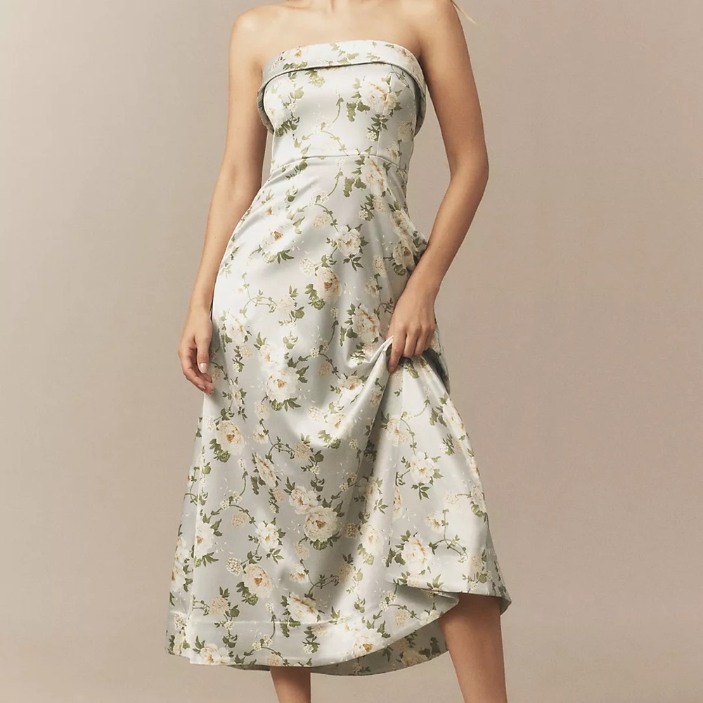 BHLDN Soma Strapless Stretch-Satin Fit & Flare Midi Dress - Sage Green - Size 0